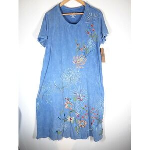 Caite Floral Embroidered Maxi T-Shirt Dress Womens Small Blue Boho Cotton 3149
